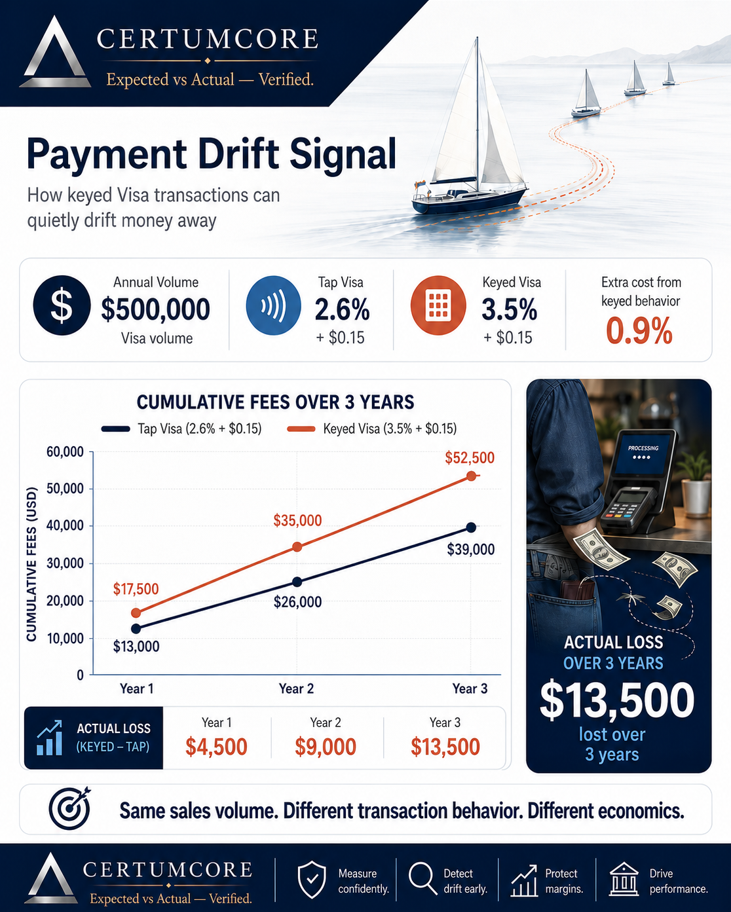 CertumCore payment drift signal example showing how keyed Visa transaction behavior can create $13,500 in extra cost over three years on $500,000 annual Visa volume